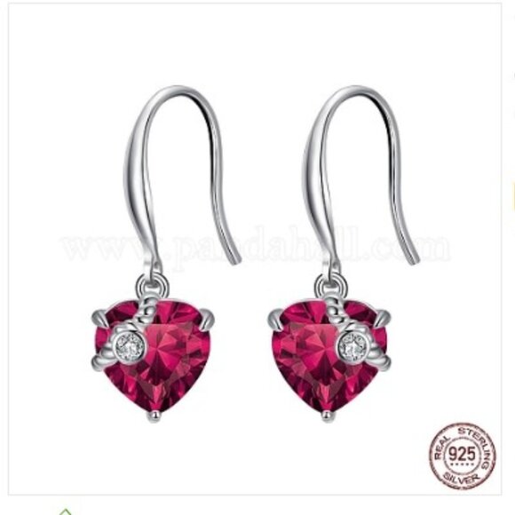 NWOT - violet red CZ Heart Dangle Earrings, 925 sterling silver drop - Picture 1 of 2